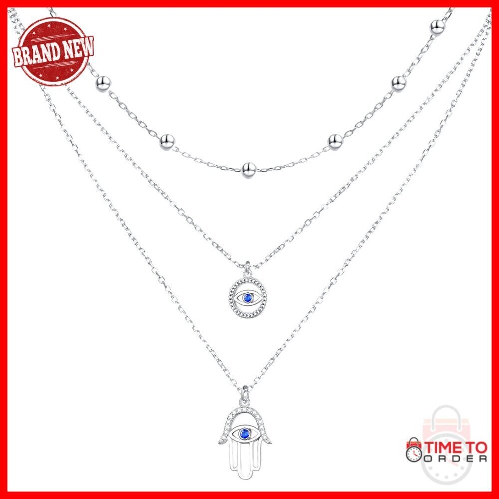 Sterling Silver Evil Eye Hamsa Hand Triple Layer Necklace 16-20 Inches